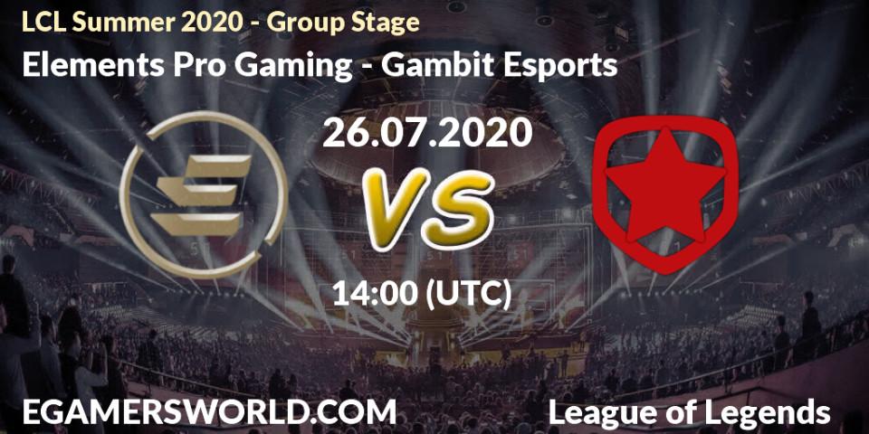 Elements Pro Gaming - Gambit Esports: прогноз. 26.07.20, LoL, LCL Summer 2020 - Group Stage