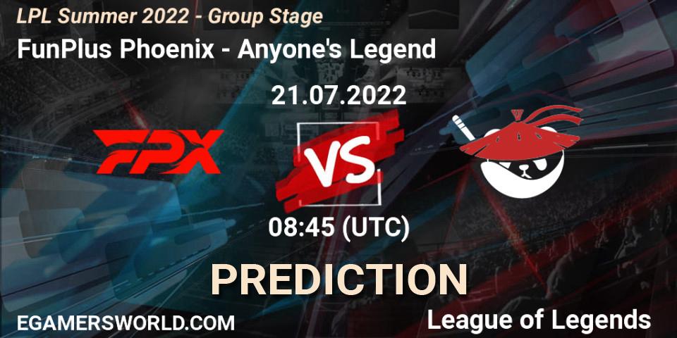 FunPlus Phoenix - Anyone's Legend: прогноз. 21.07.22, LoL, LPL Summer 2022 - Group Stage