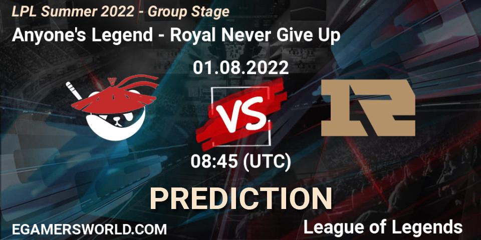 Anyone's Legend - Royal Never Give Up: прогноз. 01.08.22, LoL, LPL Summer 2022 - Group Stage