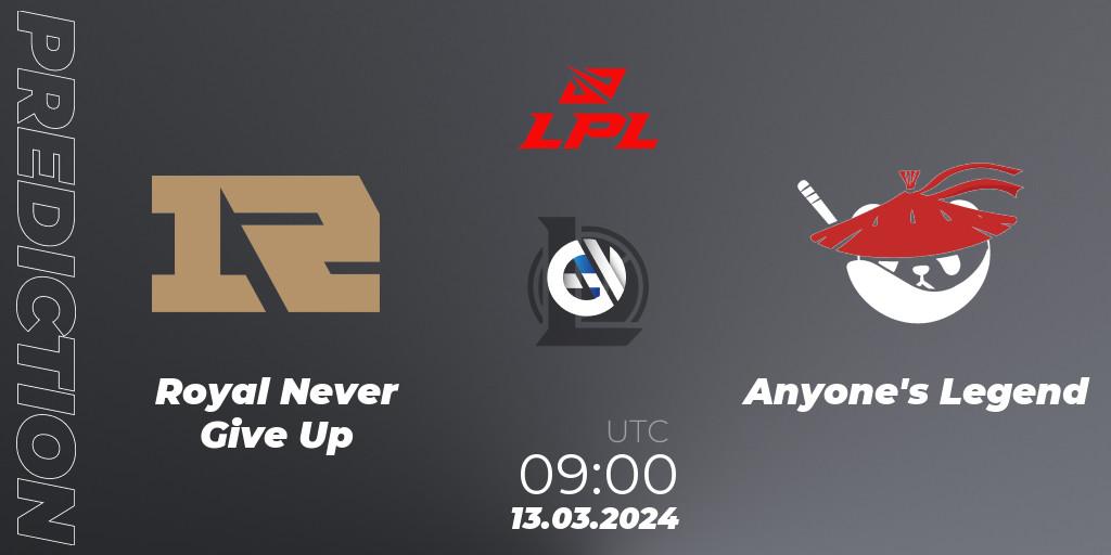Royal Never Give Up - Anyone's Legend: прогноз. 13.03.24, LoL, LPL Spring 2024 - Group Stage