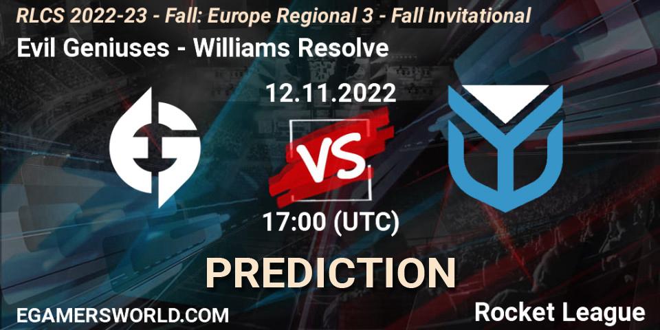 Evil Geniuses - Williams Resolve: прогноз. 12.11.22, Rocket League, RLCS 2022-23 - Fall: Europe Regional 3 - Fall Invitational